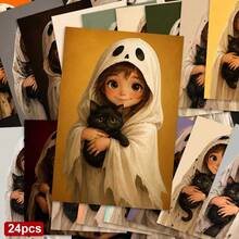24pcs+1 Red Envelope Cute & Quirky Halloween Postcards, Girl Holding Black Cat Design With Boo Text, Suitable For Friends, Halloween Themed Artistic Style Greeting Cards - Sets - View 11