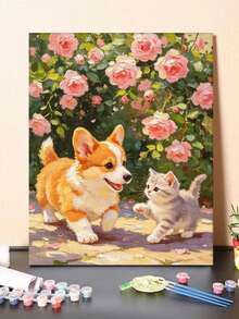 1pc Cat & Dog DIY Number Painting, Canvas Painting DIY Handmade, Adult Home Decor, Holiday Gift - Sets - View 2