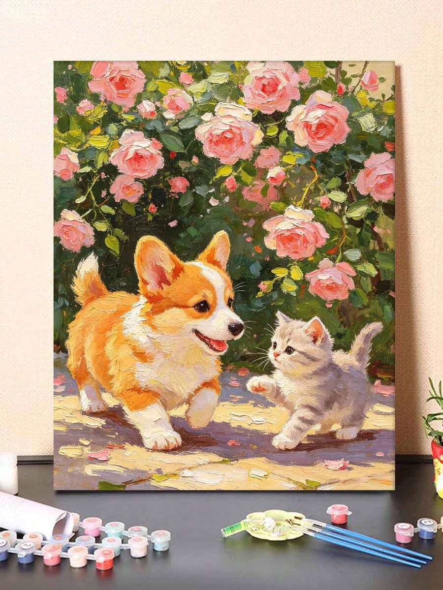 1pc Cat & Dog DIY Number Painting, Canvas Painting DIY Handmade, Adult Home Decor, Holiday Gift