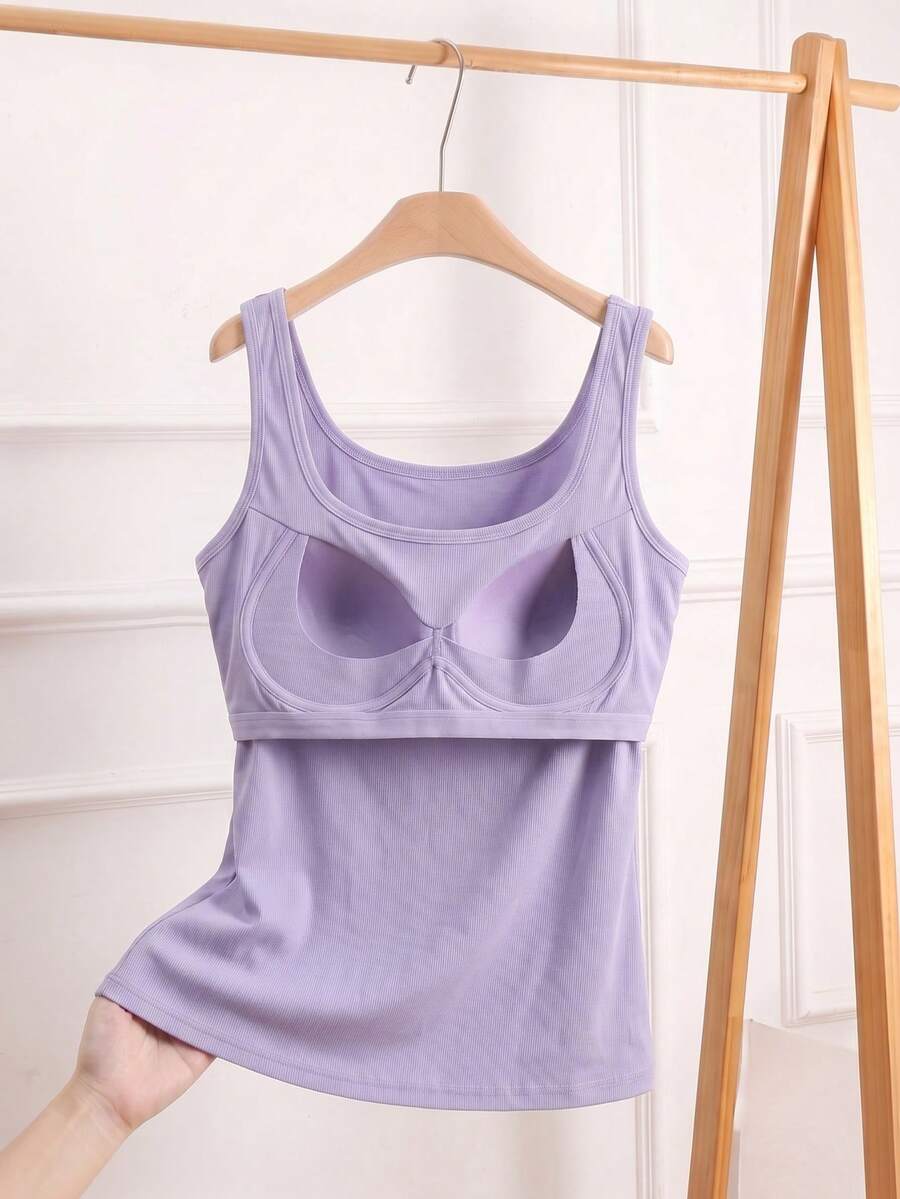 Plus Size Ribbed Built-In Bra Tank Top, Wireless Non-Removable Pads Scoop Neck Soft Cami, Yoga Fitness Workout Activewear Ropa Deportiva - Mauve Purple - View 1