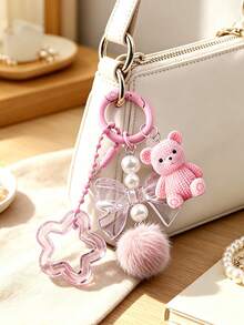 This Adorable Bear-Shaped Keychain Features A Bow And A Star. It Serves As A Bag Charm, Earphone Case Accessory, Phone Case Decoration,Or Car Keychain - Multicolor - View 1