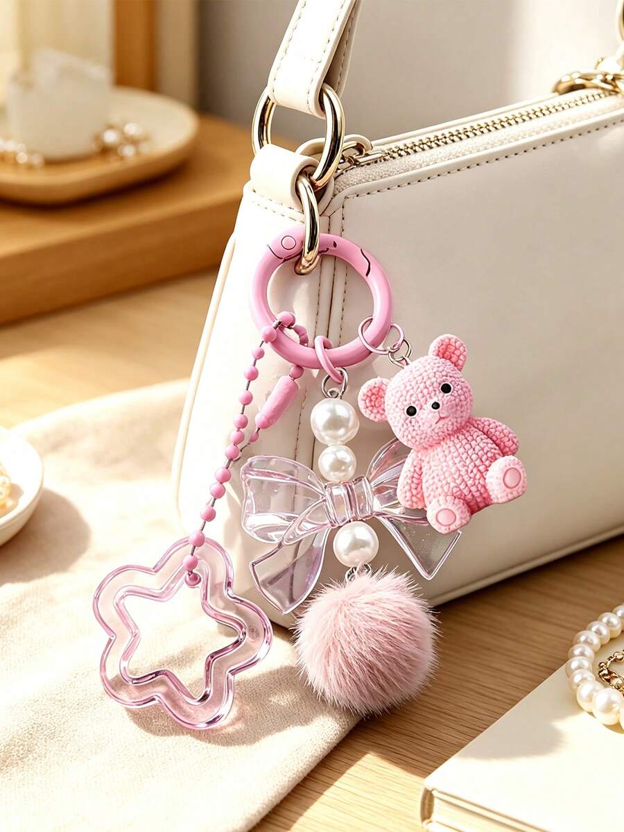 This Adorable Bear-Shaped Keychain Features A Bow And A Star. It Serves As A Bag Charm, Earphone Case Accessory, Phone Case Decoration,Or Car Keychain - Multicolor - View 1