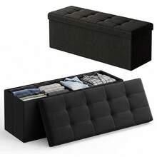 Foldable Linen Look Storage Ottoman Bench With Removable Divider, Tufted Padded Footrest Shoe Changing Stool, Large Capacity Storage Chest For Bedroom Entryway Living Room, Easy Assembly Space‑Saving Home Organizer - Black - View 3