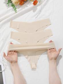 3pcs Seamless Thong Panties Breathable And Comfortable High Elasticity Solid Color Women's Underwear Quick Dry Suitable For Daily Wear - Apricot - View 6