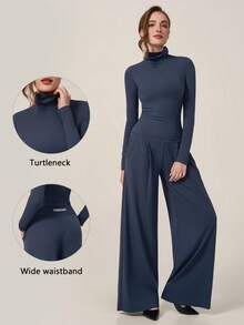 TimeOff Setelan Satu Set Wanita Musim Gugur/Dingin, Warna Polos, Minimalis, Premium, Atasan Leher Tinggi Bertumpuk dengan Kantong Samping dan Celana Panjang Lebar - Navy Blue - View 10