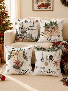 Christmas Tree Holly Ball Illustration Pattern Cushion Cover 4pcs Set, Single-Sided Printed Peach Skin Velvet Polyester Material, 45*45CM Pillowcase For Modern Fabric Sofa Indoor Decoration, Party Decor, Gift Giving - Multicolor - View 1