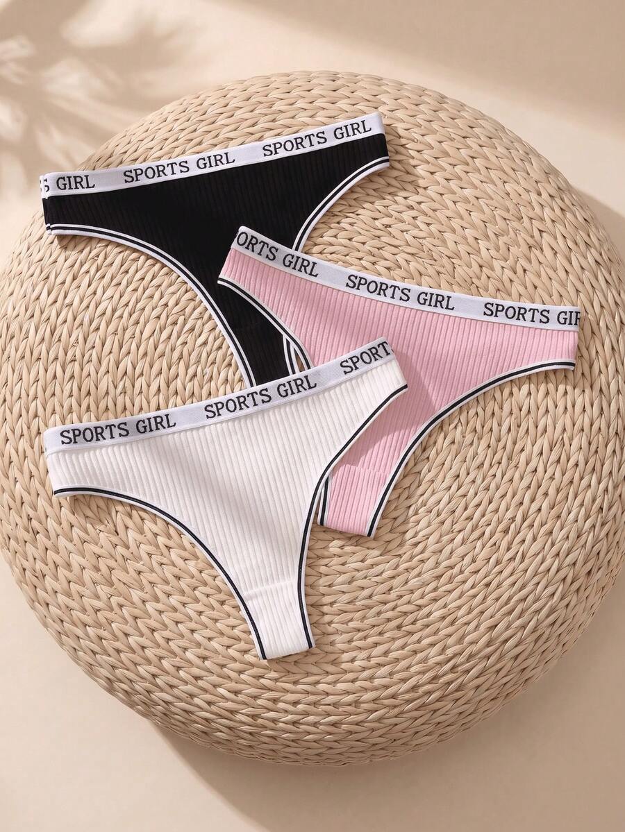 3pcs SPORTS GIRL Ribbed Cotton Women's Thong Panties, Elastic And Comfortable - Multicolor - View 1