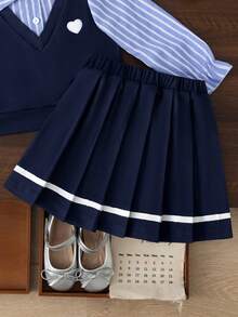 BASUSARRI Academy Style Back To School Season Collared Striped Half-Button Top Pleated Skirt Autumn/Winter Long Sleeve Girls Blouse Set Skirt Set - Blue - View 8