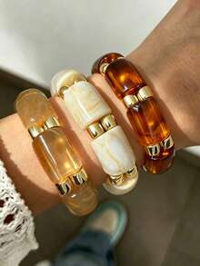 3pcs Vintage Women's Maillard Color Palette Patchwork Fashion Personalized Casual Bracelet Set For Sleepover And Daily Layering - Multicolor - View 3