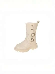 Autumn/Winter Kids Glossy Retro Mid-Calf Boots, Versatile, Heavy-Duty Metal Buckle & Rivet Decor, Non-Slip Sole, Easy To Clean, Suitable For Pants And Skirts, School, Daily Wear And Outings - Beige - View 2