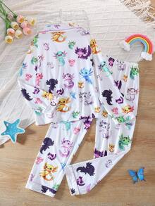 2pcs Colorful Cartoon Hexagon Dinosaur Print Lapel Long Pants Pajamas, Flame Retardant Fabric, All Season Wear, Girls, Toddlers, Big Tween Girl, Teens - Multicolor - View 2