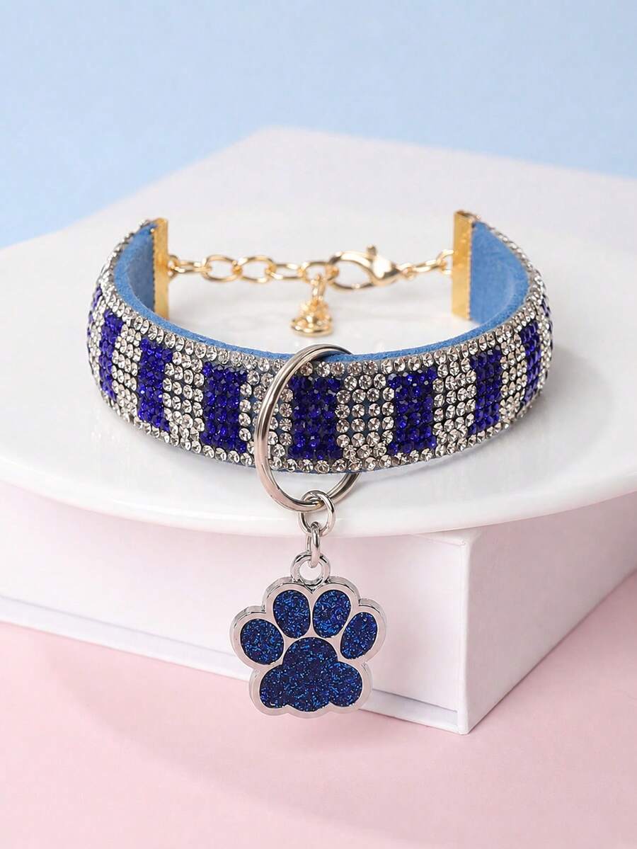1pc Fashionable Elegant White & Blue Crystal Pendant Necklace With Blue Pet Paw Print Charm, Pet Jewelry For Cats And Dogs For Indoor Or Outdoor Wear (Fragile, Not Suitable For Large Dogs And Cannot Be Used For Leashing)