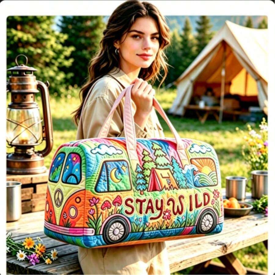 1pc Large Capacity Car Shaped Shoulder Tote Bag, Cute Printed Pattern, 18 Inch & 16 Inch, Men's Gift Creative, Unique Novelty Shoulder Bag, Outdoor Camping Theme Handbag, Creative Holiday Gift, Cute Forest Design Travel Bag, Boyfriend Gift - View 1
