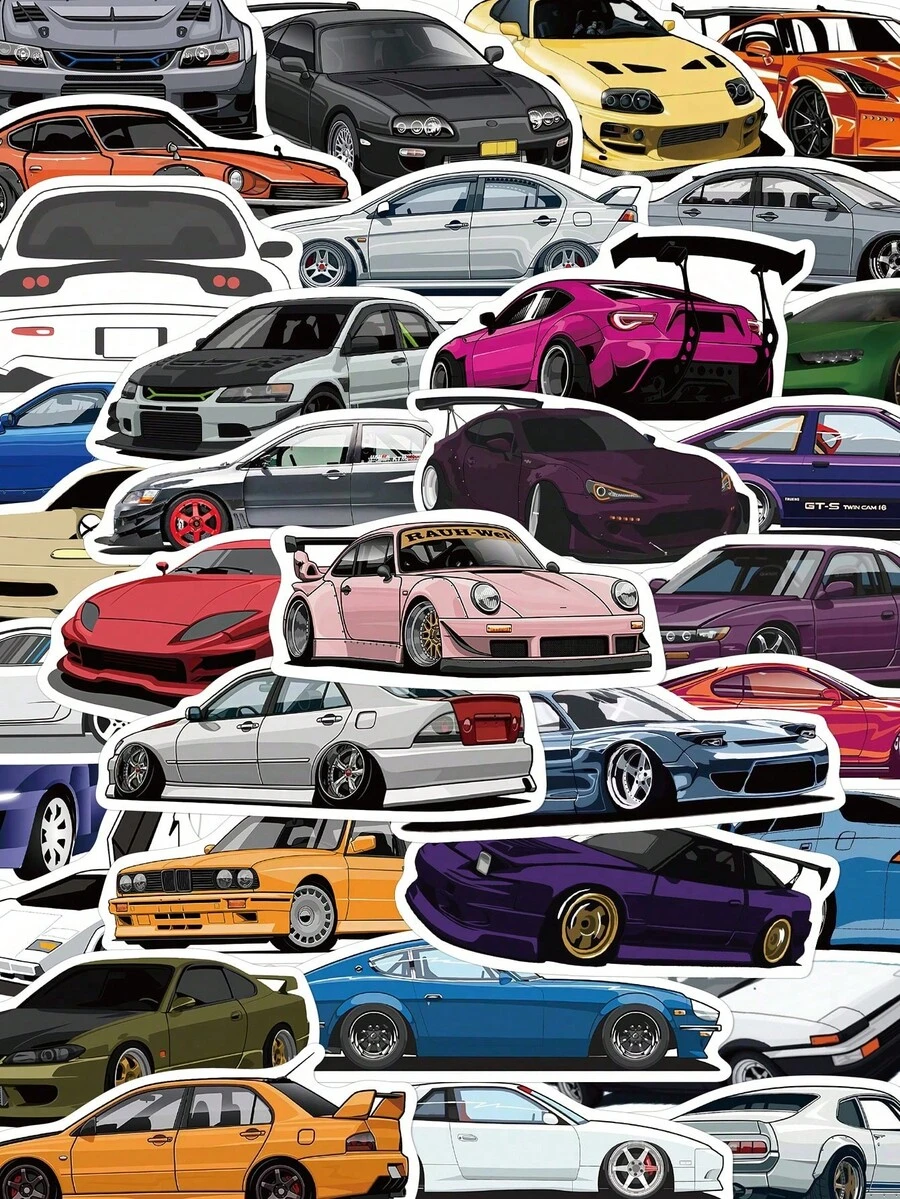 100pcs Cartoon JDM Sports Car Stickers Laptop Scrapbook Luggage Skateboard Guitar Decoration Diy Doodle Stickers - A - View 1