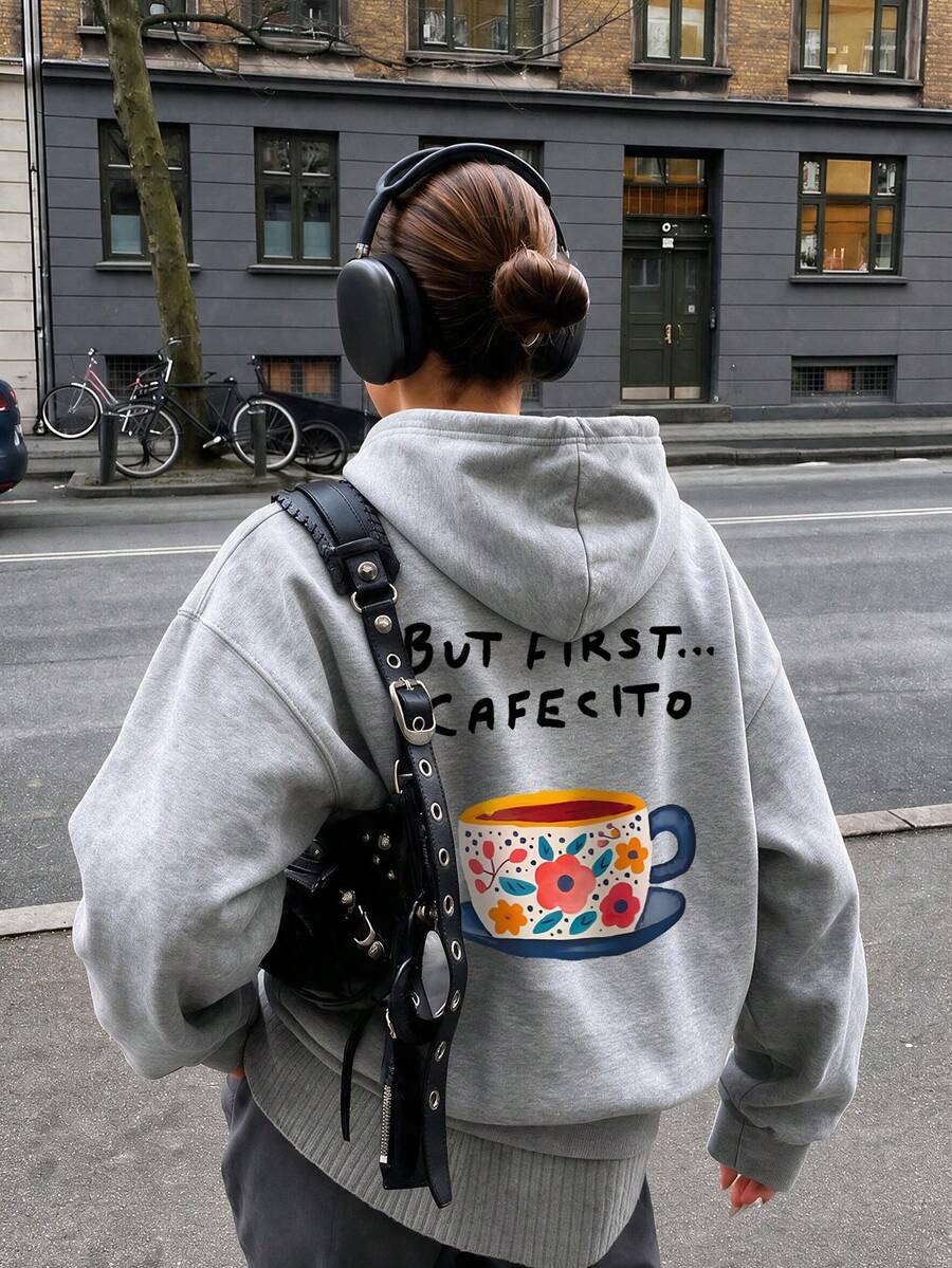1pc Women's Loose Grey Hooded Sweatshirt, Drawstring Pockets Long Sleeve, Floral Coffee Cup Text Back Print Casual - Dark Gray - View 1