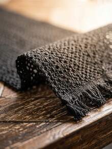 1pc Black Hollow Woven Table Runner, Modern Minimalist Style, Long Strip Shape With Tassel Edge And Hollow Texture Detail Decoration, Functional Dining Table Runner Suitable For Modern Restaurant Decor And Daily Home Decoration Scenes - Black - View 8