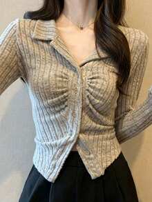 Cardigan Rajut Maillard Wanita Slim Fit Menawan dengan Kerah Lipit Asimetris, Sweater Pendek untuk Musim Semi dan Gugur, Atasan Lapisan Dasar - Aprikot - View 1