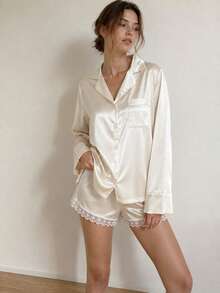 New Autumn Long Sleeve Pajama Set With White Lace Trim Shorts, Elegant Casual Loungewear - White - View 3