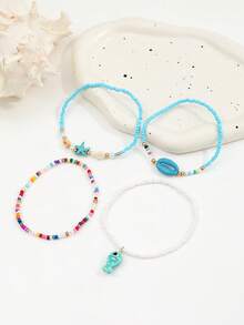 4PCS Ocean Style Blue Series Sea Fish & Starfish Pendant Anklet Set, Faux Shell & Colorful Seed Bead Elastic Cord Anklets For Women - Gold - View 5