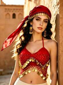 Exotic Style Coin Turban Head Wrap Mesh Coin Charm Chest Ornament For Nightclub Themed Event Dance Styling Decor Accessories Multiple Colors Available - Multicolor - View 13