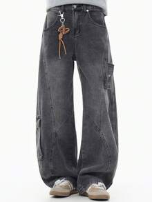 LOGEQI Pantalones Vaqueros Corte Banana Holgados Mezclilla Lavado Vintage con Bolsillos Cargo Laterales Estilo Urbano De Hombre - Negro - Ver 1