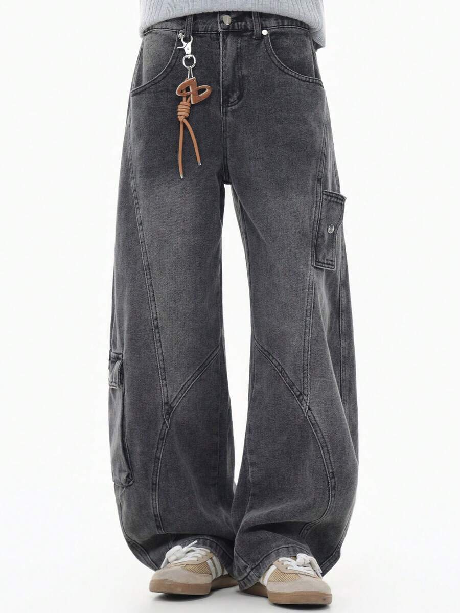 LOGEQI Pantalones Vaqueros Corte Banana Holgados Mezclilla Lavado Vintage con Bolsillos Cargo Laterales Estilo Urbano De Hombre - Negro - Ver 1