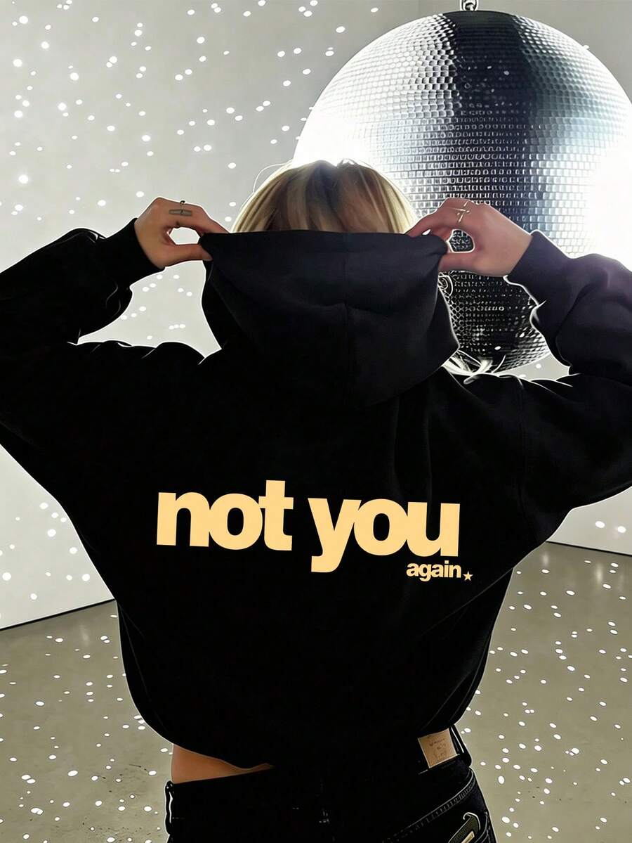 Women's Loose Fit Hoodie, Personalized Slogan Print, Y2K Style - Black - View 1