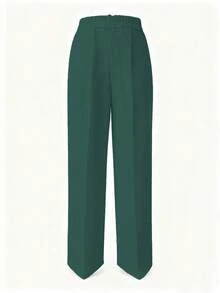 Women's Minimalist Casual Solid Color Pleated Slant Pocket Straight Leg Pants Spring - Dark Green - View 3