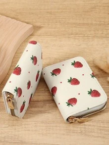 Fashionable Strawberry Printed Simple Portable Coin Wallet Zipper, Multi Slot Simple Credit Card Holder, Multi-Purpose Women's Wallet Card Bag - White - View 6
