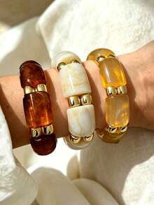 3pcs Vintage Women's Maillard Color Palette Patchwork Fashion Personalized Casual Bracelet Set For Sleepover And Daily Layering - Multicolor - View 2