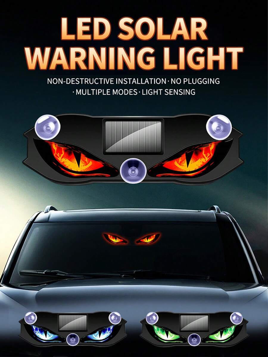 Solar Powered Car Eye Light, Wireless Cool LED Atmosphere Light, Suction Cup USB Charging, Car Decor Light, Dynamic Rear Windshield Warning Breathing Light, Suitable For SUV, Truck, Van, RV