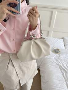 Handheld Pleated Bag With Round Metal Buckle Decoration, Dual-Use Handheld And Crossbody, Metal Clasp Closure, Vintage Gentle Style, Metal Clasp Underarm Bag, Suitable For Women's Daily Dates And Outings, Compact And Exquisite, Combines Aesthetics And Storage, Matches Various Outfit Styles - Beige - View 7