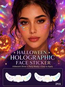 2PCS Holographic Bat Face Temporary Tattoo Sticker, Waterproof Iridescent Rainbow Face Tattoo, Halloween Cosplay Party Body Art Makeup Stickers For Women - Multicolor - View 6