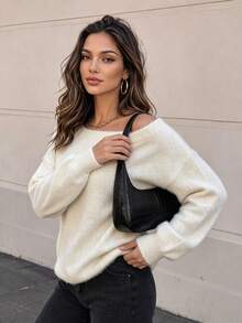 Da Jade Women's Autumn/Winter Elegant Plush Cold Shoulder Sweater, Dropped Shoulder Loose Soft Knit Long Sleeve Warm Pullover, Suitable For Daily Wear - White - View 3