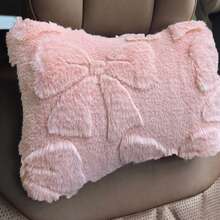1pc Bowknot Plush Car Neck Pillow Faux Rabbit Fur Headrest, Ergonomic Design, All-Season Use, Women's Car Interior Accessory - A - View 6
