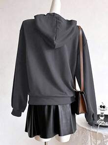 1pc Minimalist Casual Girls Full Zip Hooded Jacket, Loose Fit Outerwear For School - Dark Grey - View 2