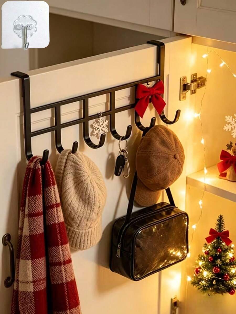 Over-The-Door Hook Storage Rack With Adhesive Hooks, Bathroom Door Hook, Silent Over-The-Door Clothes Hook Rack, Metal Material, Multiple Hooks, Space-Saving And Easy To Install, Suitable For Bedroom, Laundry Room - Multicolor - View 1