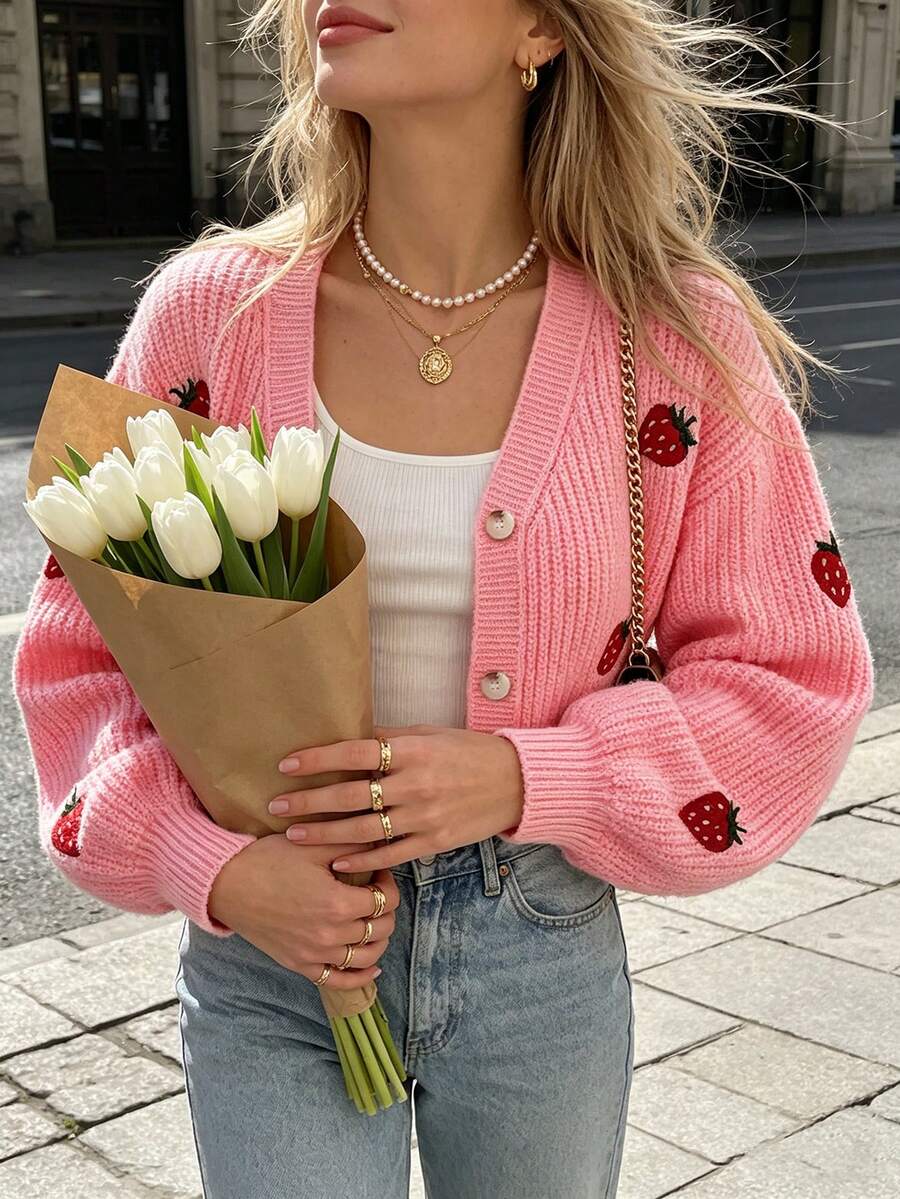Women's Autumn/Winter V-Neck Button-Up Short Knit Cardigan With Strawberry Embroidery, Suitable For Daily Wear - Pink - View 1