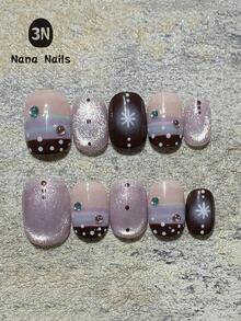 10pcs Pure Handmade Press On Nails Short Squoval Shaped, Purple Cat Eye Base With Snowflake Stars Polka Dots Rhinestone, Fake Nails For Women And Girls, Winter & Fall Nails, Glamour, Party, Daily Life Use - Mauve Purple - View 10
