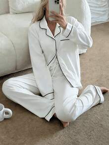 两件套女士翻领长袖睡衣套装 - 舒适休闲睡衣和家居服 - 白色 - 查看 2
