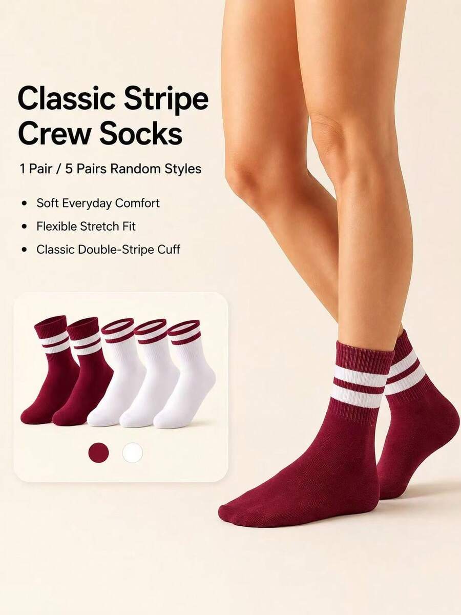 1 Pair/5 Pairs Random Women's Striped Crew Socks, Retro Preppy Double ...