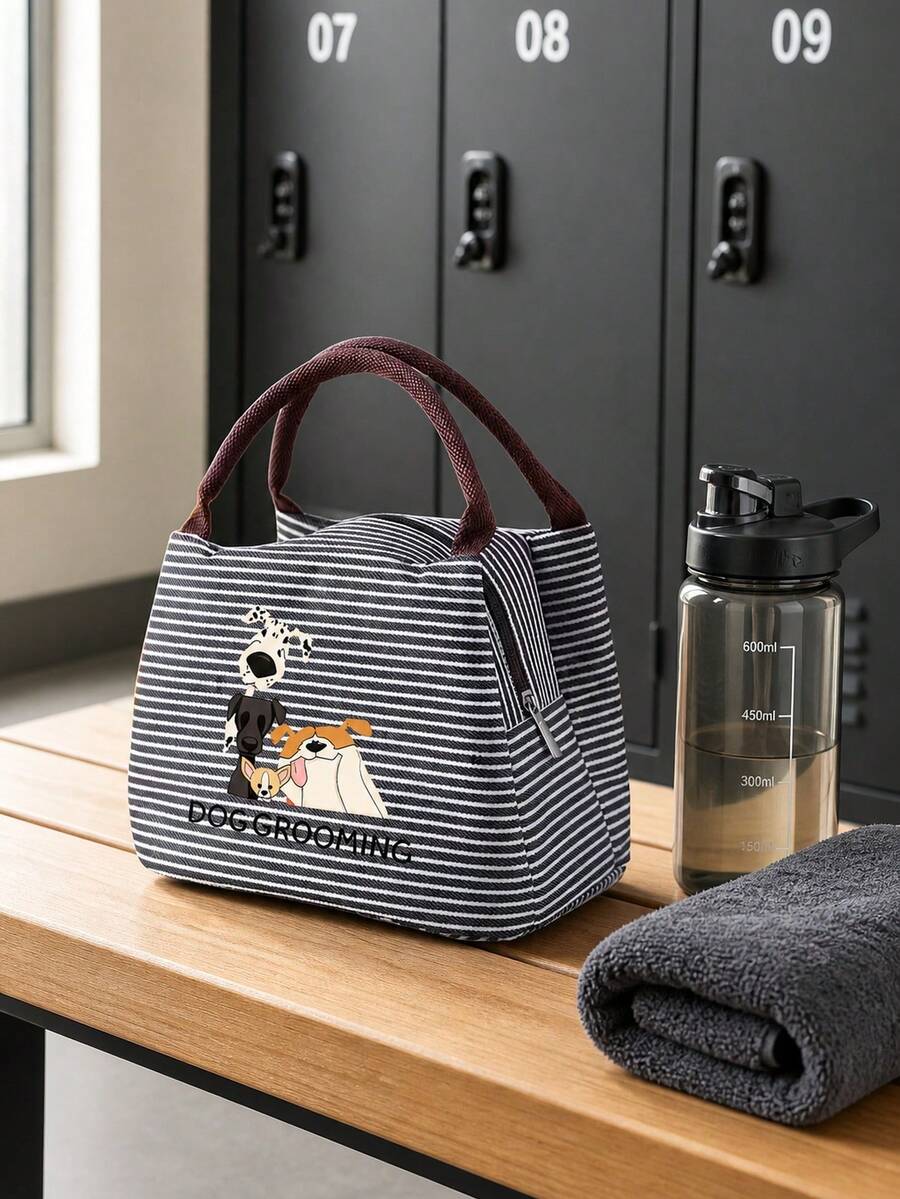 Cute Dog And "Dog Grooming" Striped Lunch Bag, Handbag, Striped Design, Multi Functional Storage Bag, Lightweight Travel Handbag, Exquisite Gift - Multicolor - View 1
