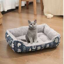1pc Cozy Warm Plush Pet Bed, Blue Cartoon Pattern Pet Sofa Cushion For Cats Small Dogs, Durable Polyester Easy‑Clean Indoor Pet Nest - Multicolor - View 2