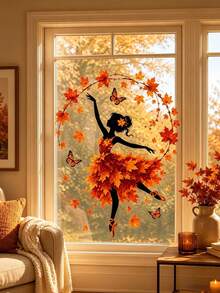 1pc Autumn Leaf Dancer Silhouette Window Decal, Glue-Free PVC Static Cling Sticker, Creative Aesthetic Maple Leaf Butterfly Glass Sticker, Autumn Atmosphere Art Window Decal - Multicolor - View 4