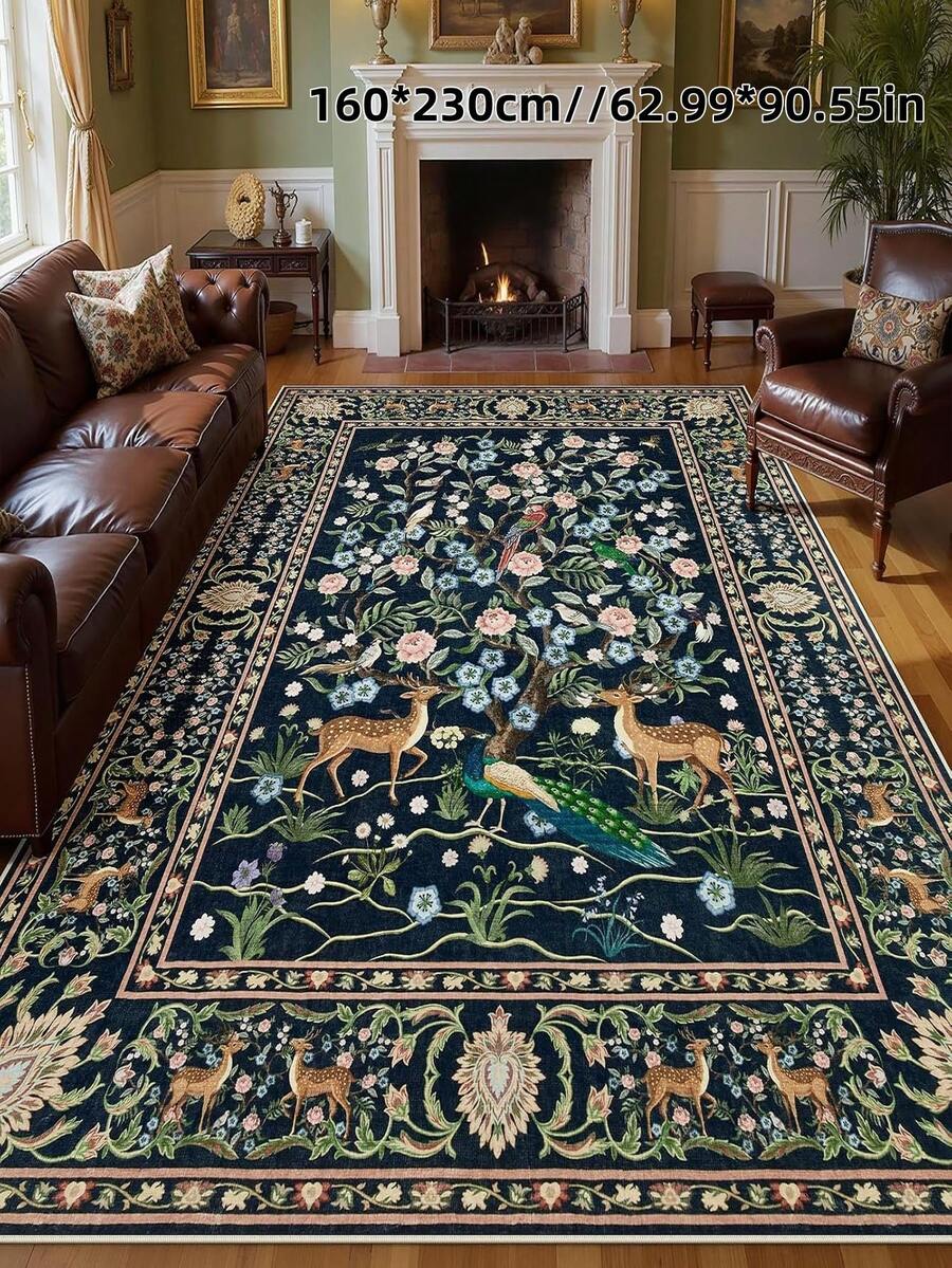1pc Animal Pattern Rug, Bohemian Style Machine Washable Living Room Carpet, Vintage Soft Dining Room Rug, Non-Slip Wear-Resistant Large Size Carpet, Suitable For Office, Bedroom, Living Room, Entryway Welcome Mat - Navy Blue - View 1