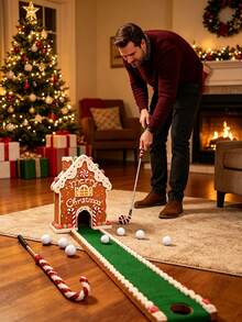 1 Set Christmas Home Golf Game Set, Indoor Holiday Mini Putter Game, Includes Candy Cane Shaped Putter And Ball, Christmas Party Interactive Prop, Home Holiday Decoration, Suitable As Surprise Gift For Family And Friends Gathering - A - View 2