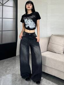 1pc Women's Fashionable Casual Loose Fit Embroidered Multi-Pocket Black Denim Wide Leg Jeans, Versatile For All Seasons (Belt/Accessories Not Included) - Black - View 7