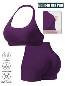 Women's Seamless Camisole Training 2-Piece Set, High Elasticity Fitness Wear, Sports Bra With Removable Built-In Padding + High Waist Bike Shorts, Suitable For Fitness Training - Purple - View 2