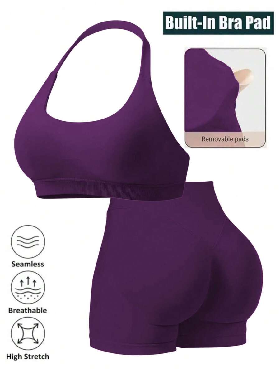 Women's Seamless Camisole Training 2-Piece Set, High Elasticity Fitness Wear, Sports Bra With Removable Built-In Padding + High Waist Bike Shorts, Suitable For Fitness Training