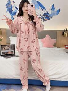 2pcs/Set Women's Autumn/Winter Pajama Set, French Country Princess Style, Comfortable Breathable Loose Long Sleeve Long Pants Ditsy Floral Loungewear - Pink - View 4